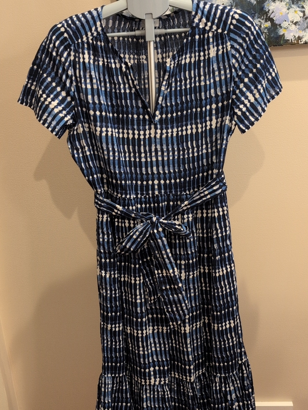 J. Crew Navy and White Midi Tie-Waist Short Sleeve Dress